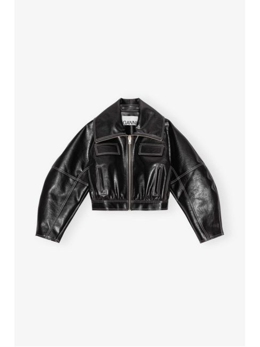 Ganni Black Faux Leather Cropped Jacket Contrast Stitch Zip Collar EU 36